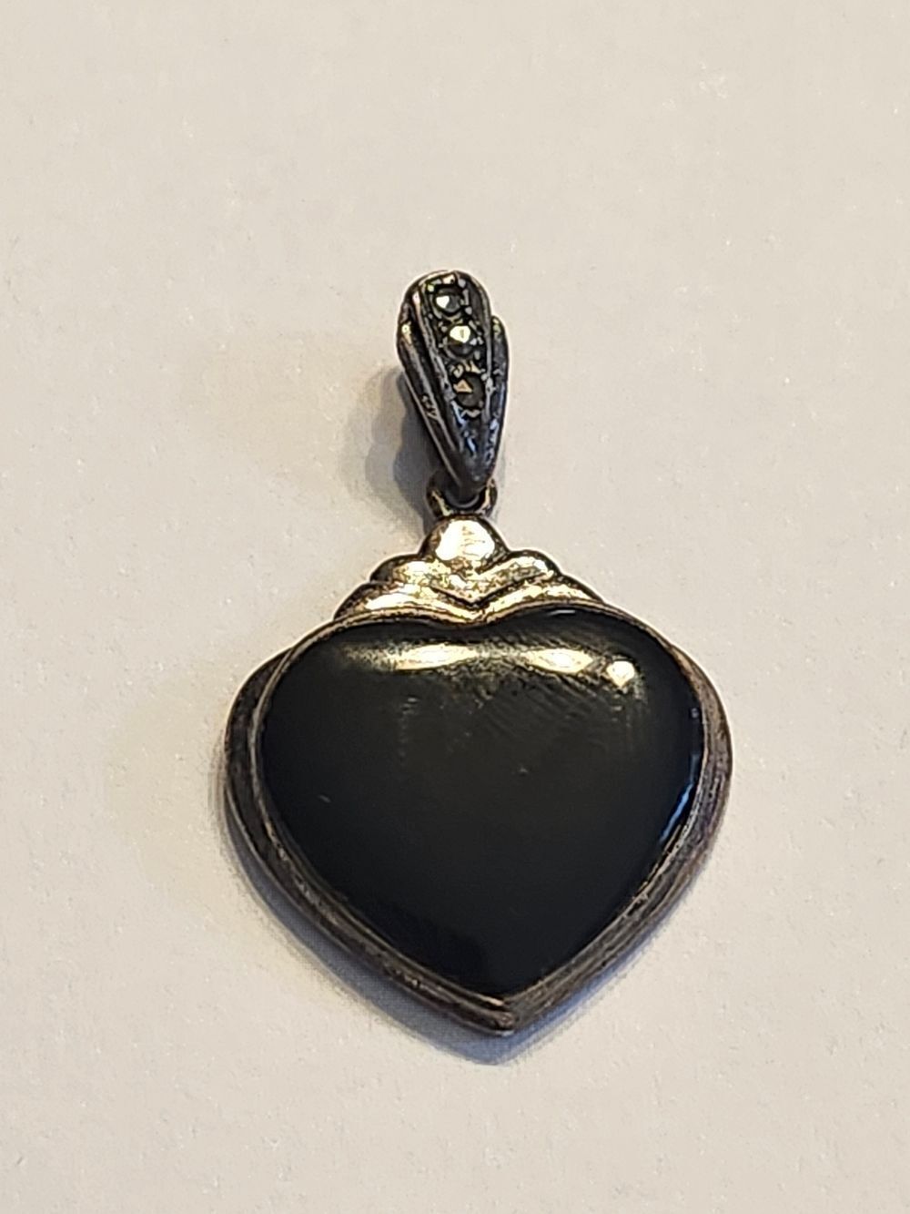Sterling Silver Heart Pendant with Black Center Heart 925 Marcasite Accents